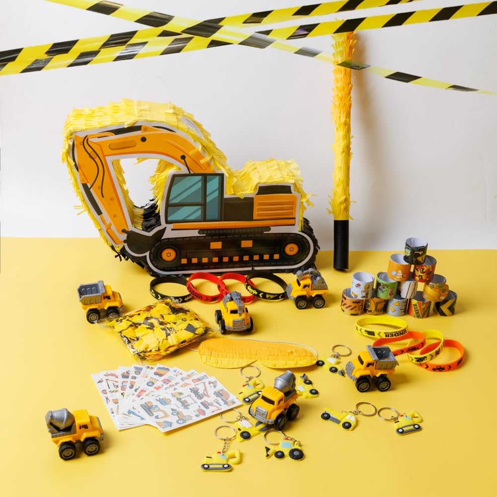 FIGEPO pinata filled with candy and toys for a construction-themed party.