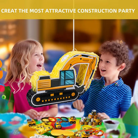 FIGEPO construction pinata decorates party space with bright crepe-paper accents.