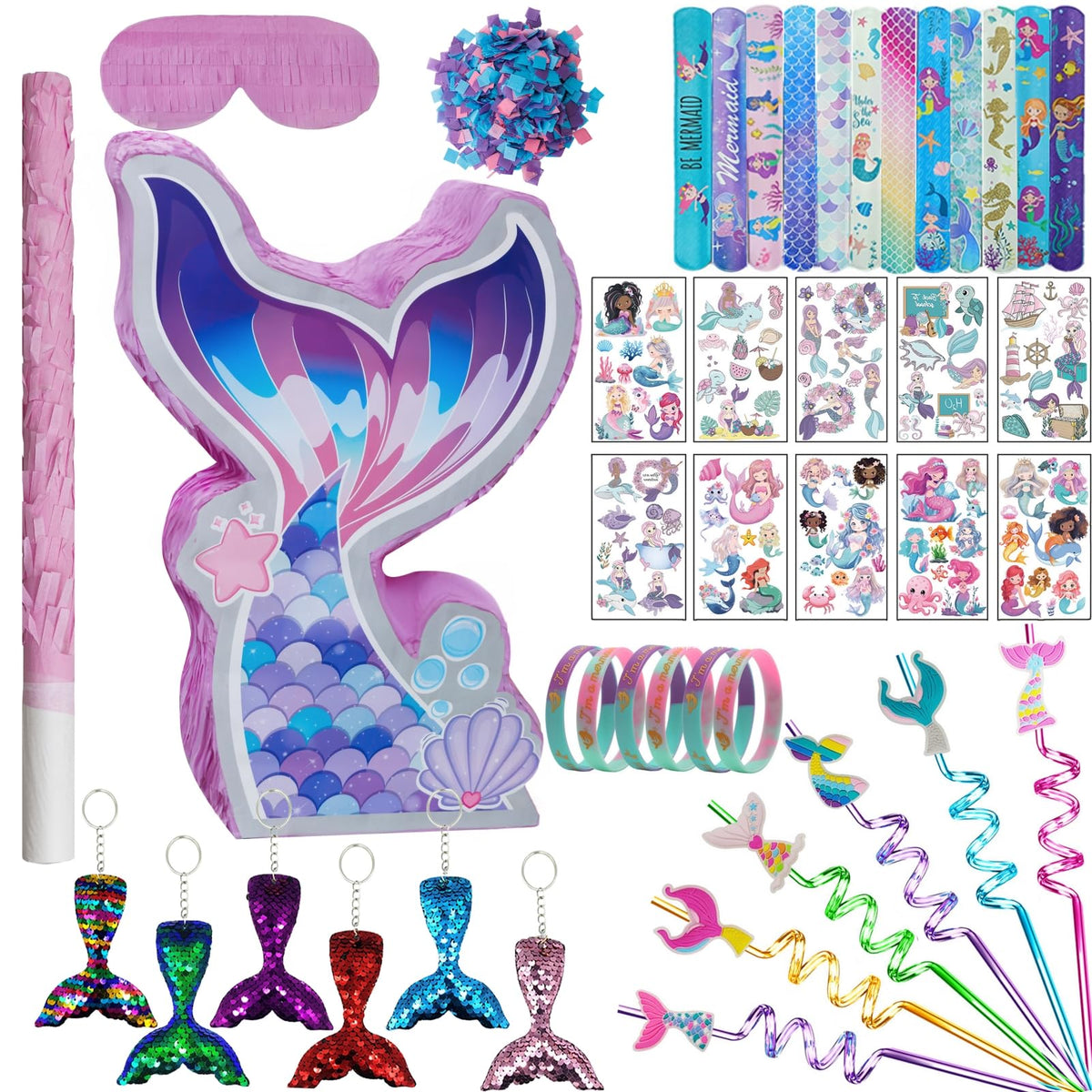 FIGEPO Mermaid Pinata Set hanging display with bright crepe paper colors for a festive party centerpiece.
