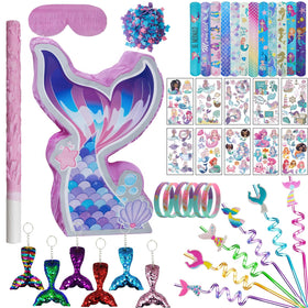 FIGEPO Mermaid Pinata Set hanging display with bright crepe paper colors for a festive party centerpiece.