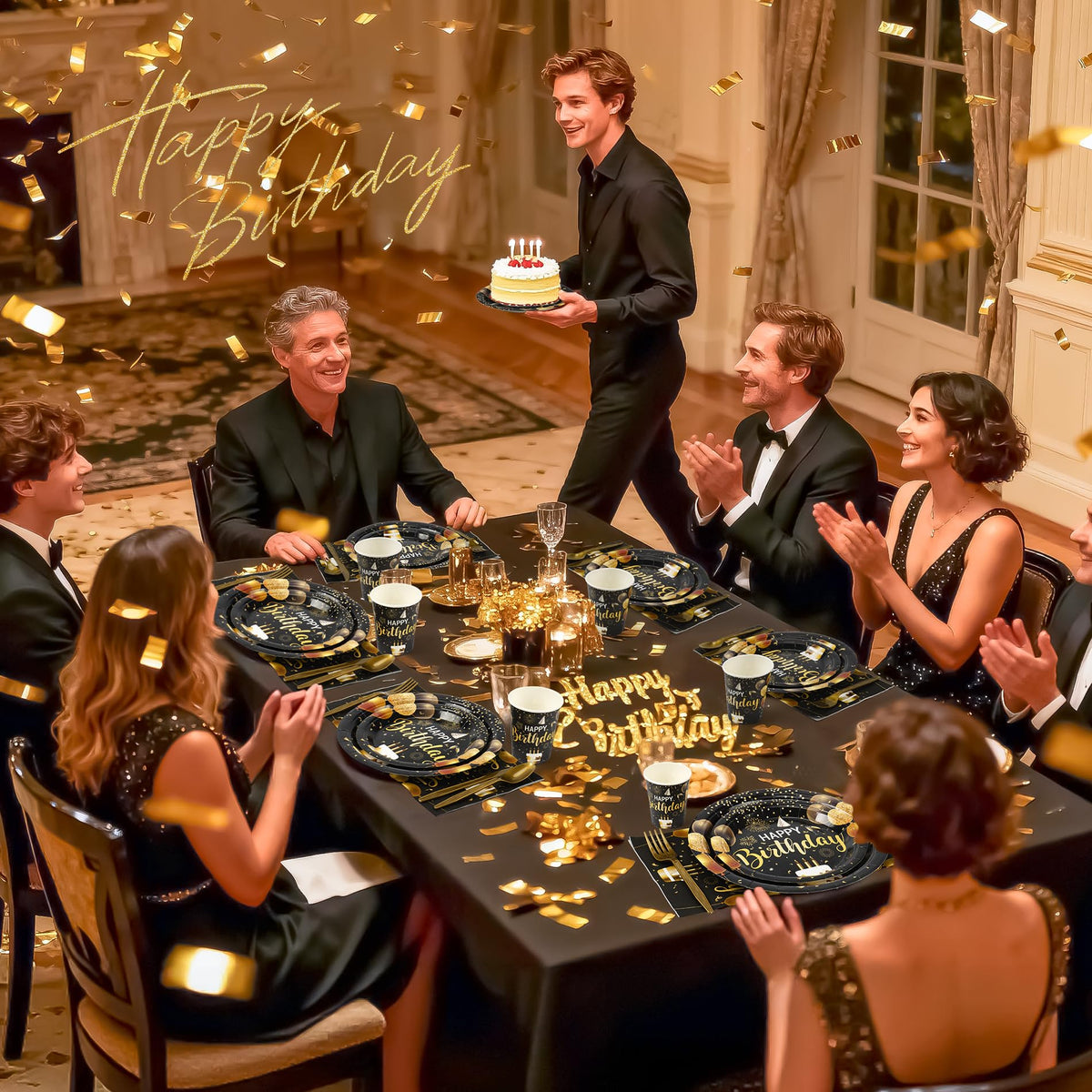 Fighting to Achieve 168-piece disposable set simplifies party prep and cleanup.
