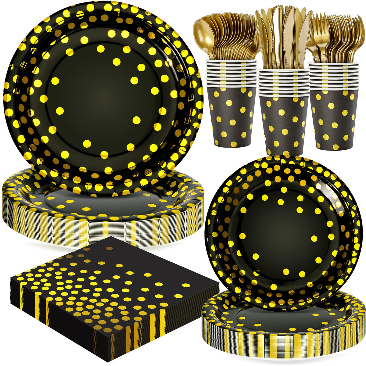 Fighting to Achieve black and gold dots 7in plates for a 24-guest celebration