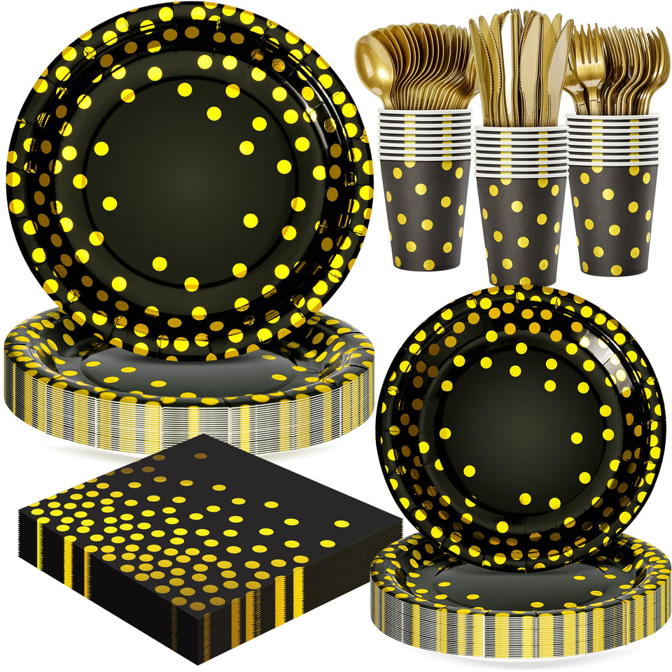 Fighting to Achieve black and gold dots 7in plates for a 24-guest celebration
