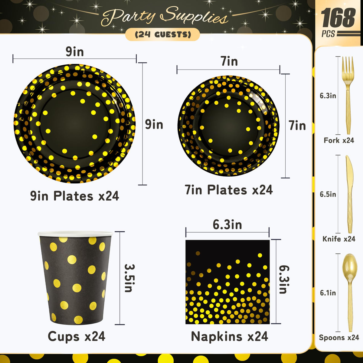 Fighting to Achieve black and gold dots 9in plates elevate main courses for 24 guests
