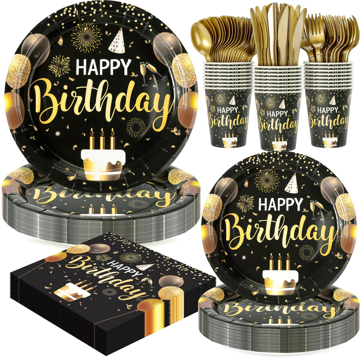 Fighting to Achieve black and gold Happy Birthday plates 7in for elegant party dining.