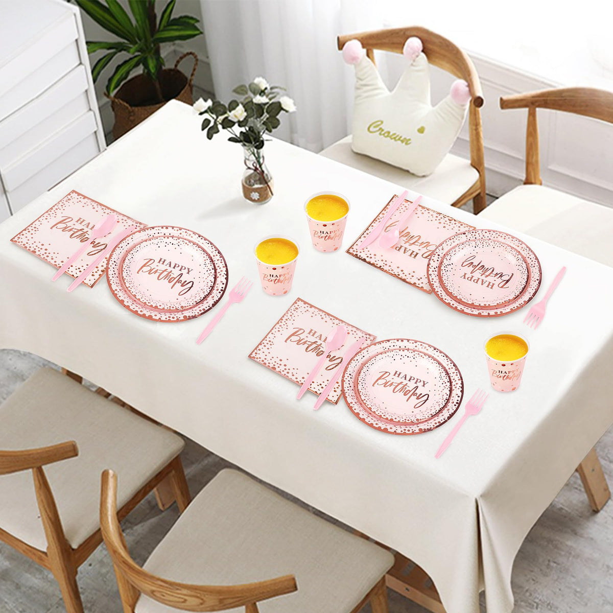 Fighting to Achieve complete pink rose-gold party layout for a coordinated celebration.