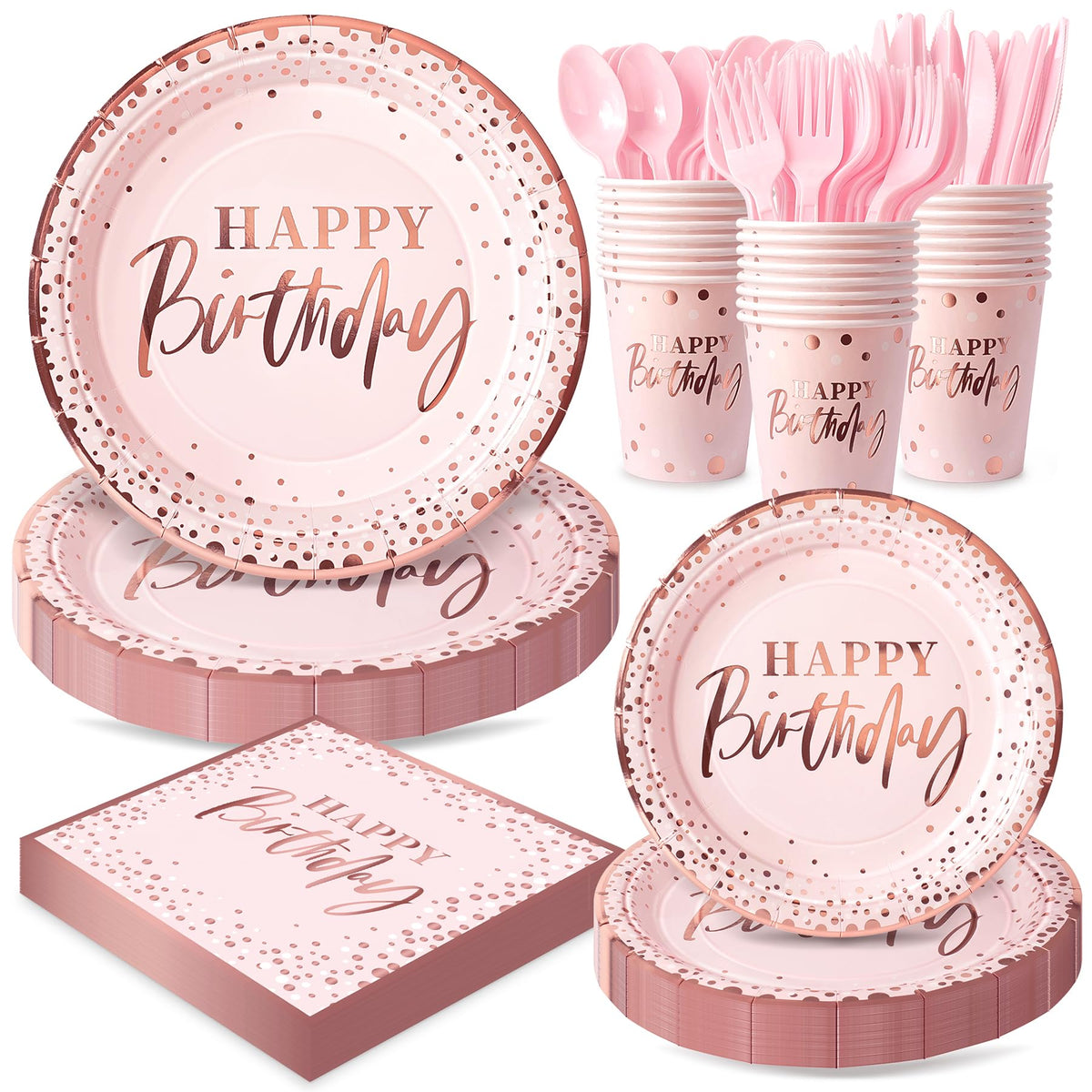 Fighting to Achieve pink plates with rose-gold foil shimmer for a stylish party table.