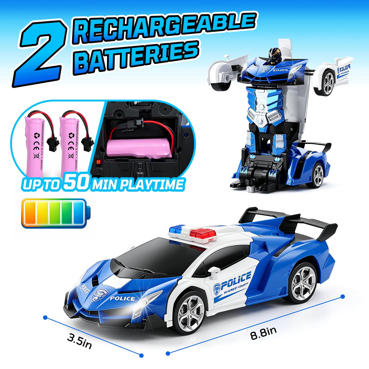 Figrol Police Transformer Car dual batteries pack image shows extended playtime