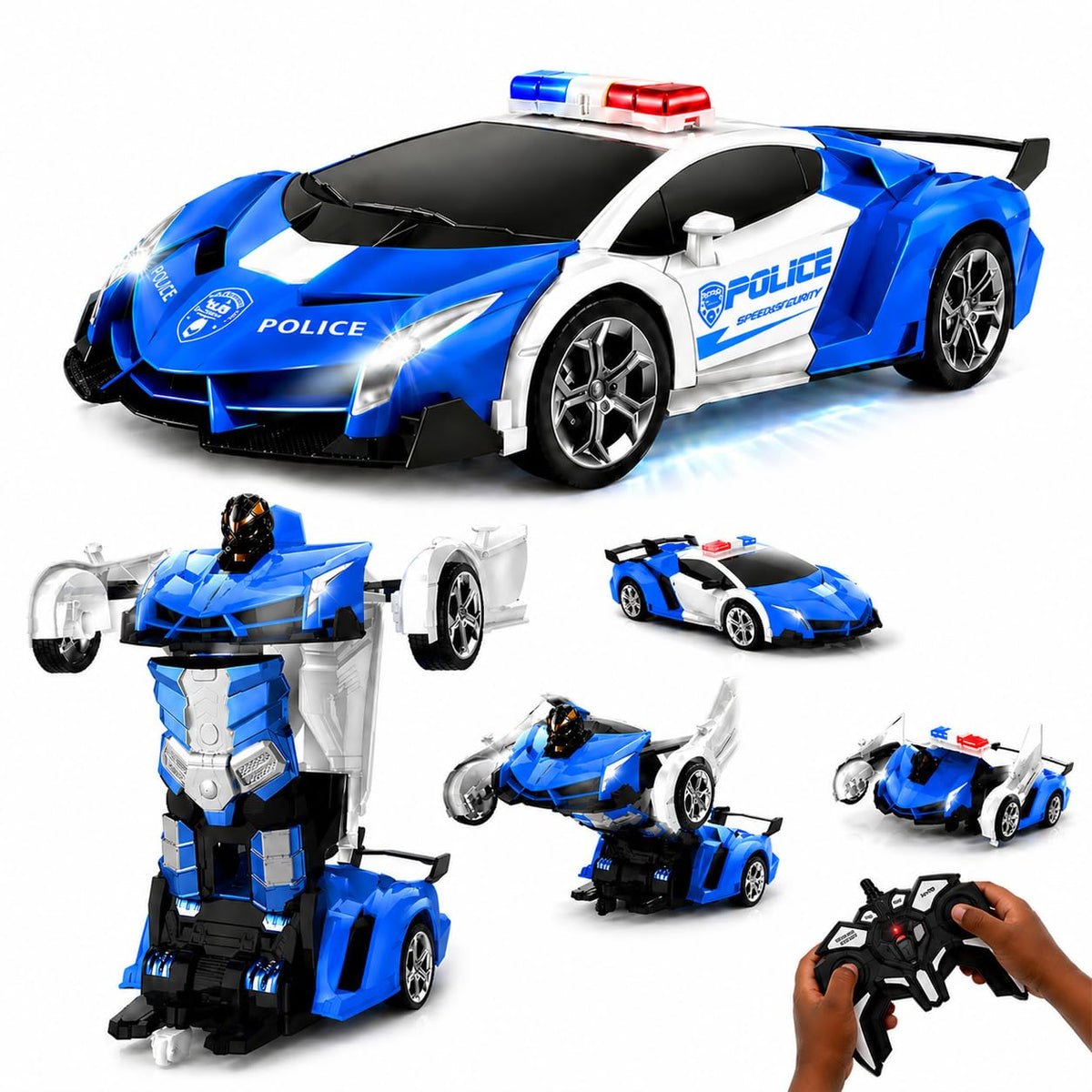 Figrol Police Transformer Car front view with LED lights for night play