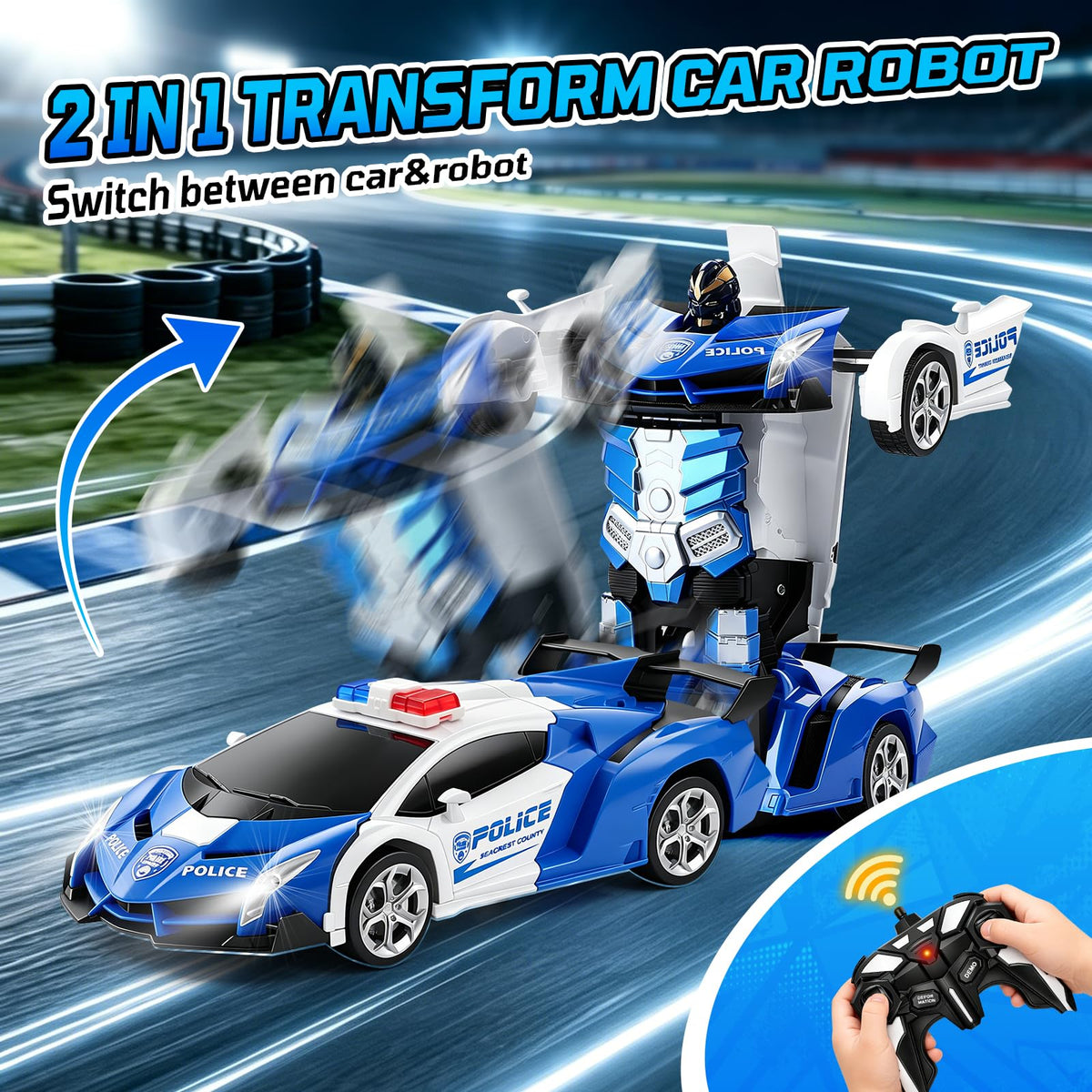Figrol Police Transformer Car side view shows sleek race car profile for action
