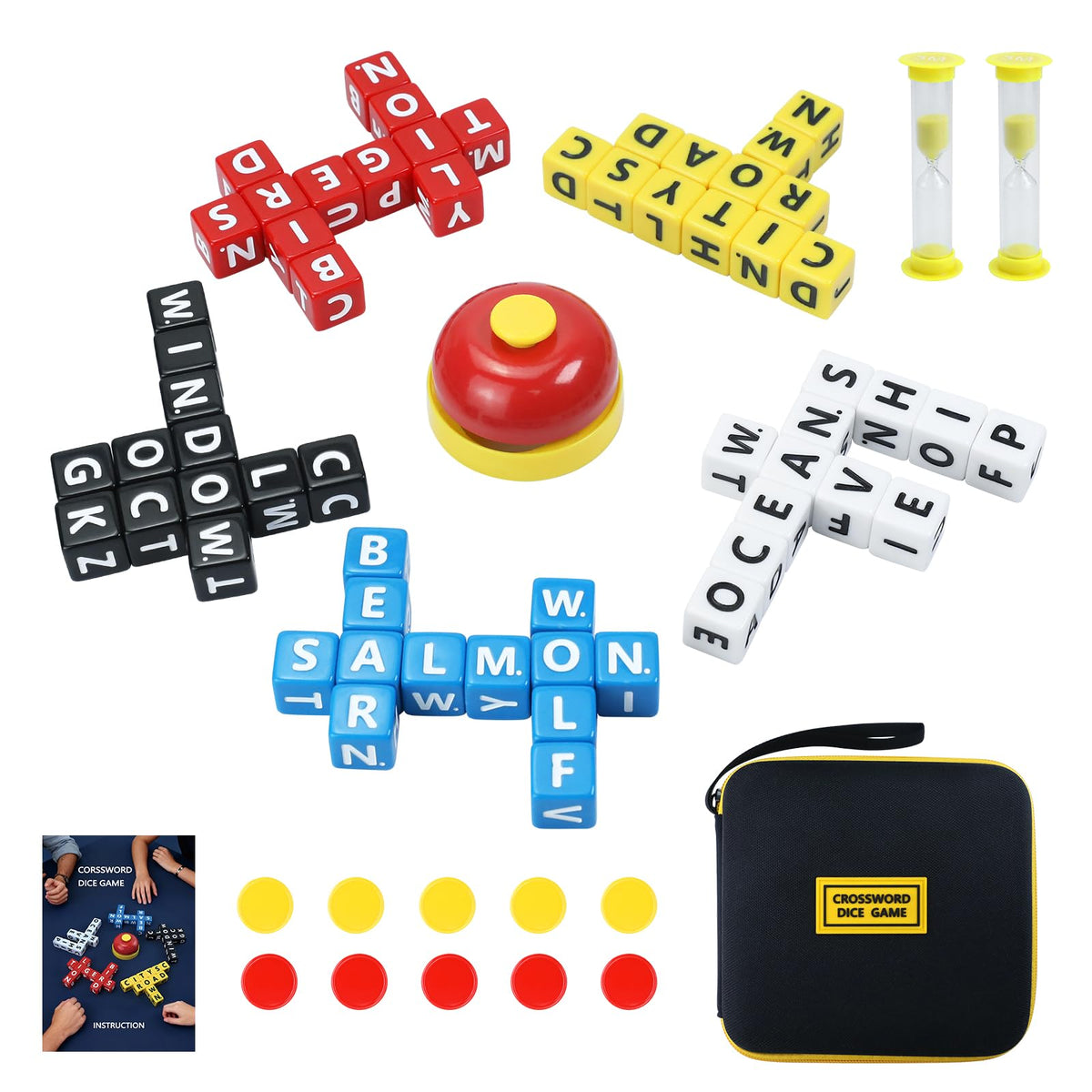 FIGURESLAB Crossword Dice Set with letters for family word games and vocabulary practice.