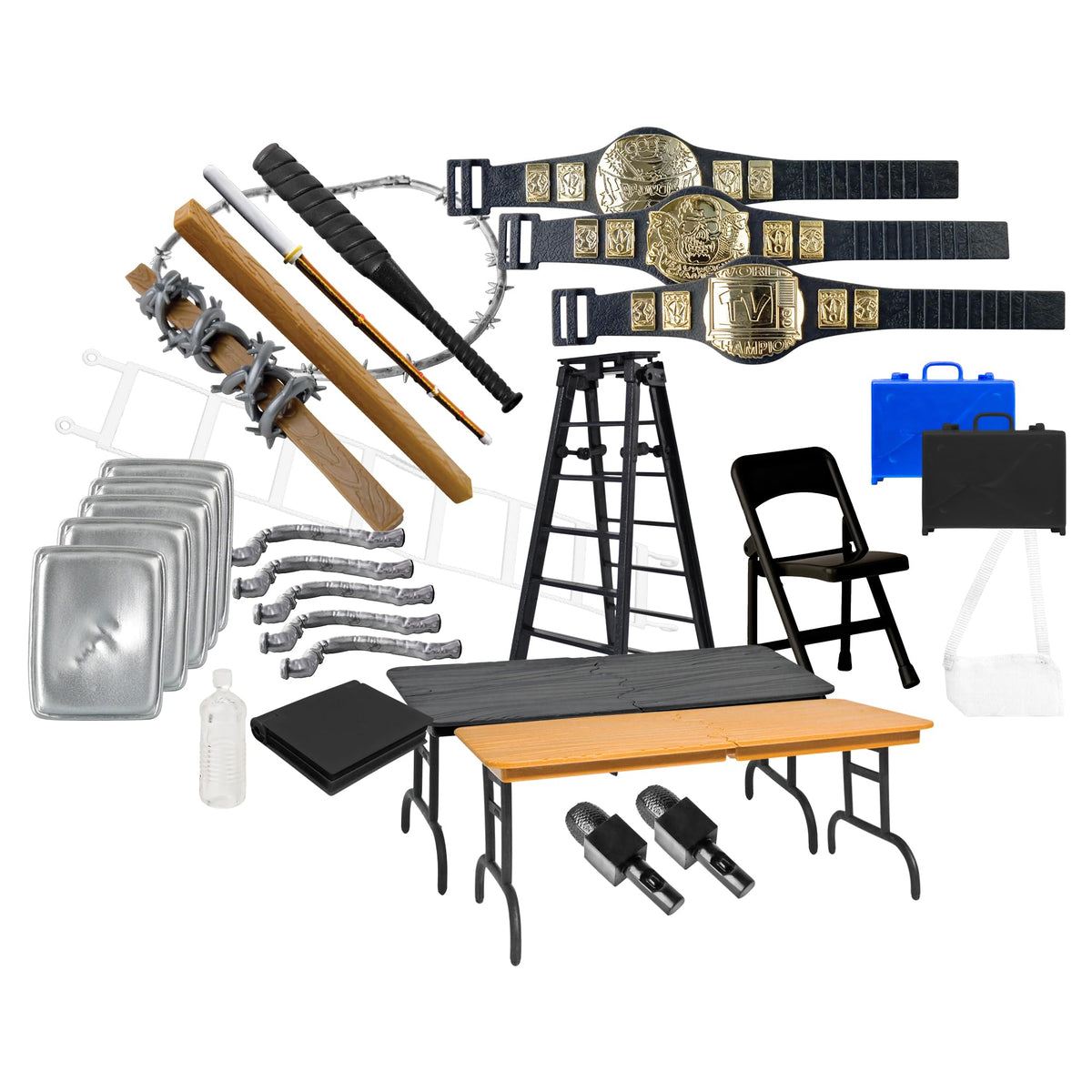 Figures Toy Company accessory pack shows belts and chairs for authentic match storytelling.