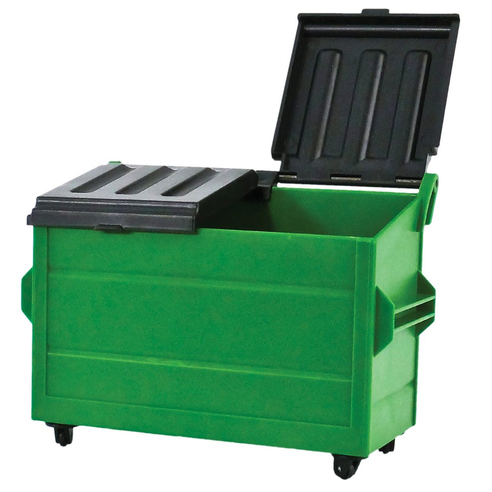 Figures Toy Company green dumpster for wrestling figures with moving wheels for realistic backstage scenes.