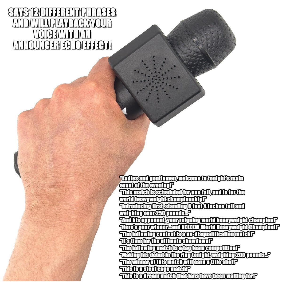 Figures Toy Company microphone with adjustable volume and echo feature for customizable promos.