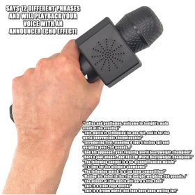 Figures Toy Company microphone with adjustable volume and echo feature for customizable promos.