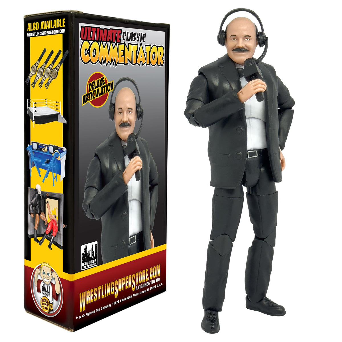 Figures Toy Company Ultimate Classic Commentator holding microphone for authentic play-by-play