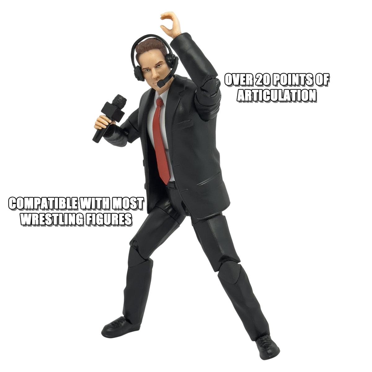 Figures Toy Company Ultimate Commentator Announcer shows dynamic gesturing for realistic match narration.