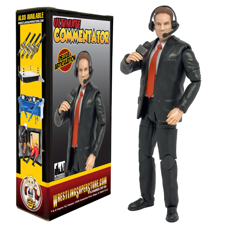 Figures Toy Company Ultimate Commentator Announcer with microphone for authentic WWE commentary.