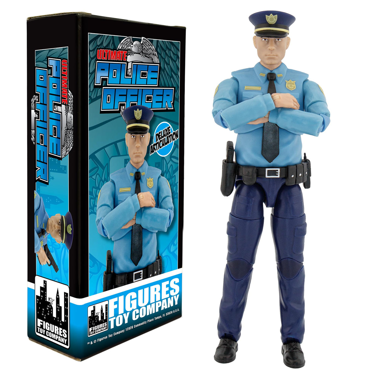 Figures Toy Company Ultimate Police Officer figure in action pose for patrol scenes.
