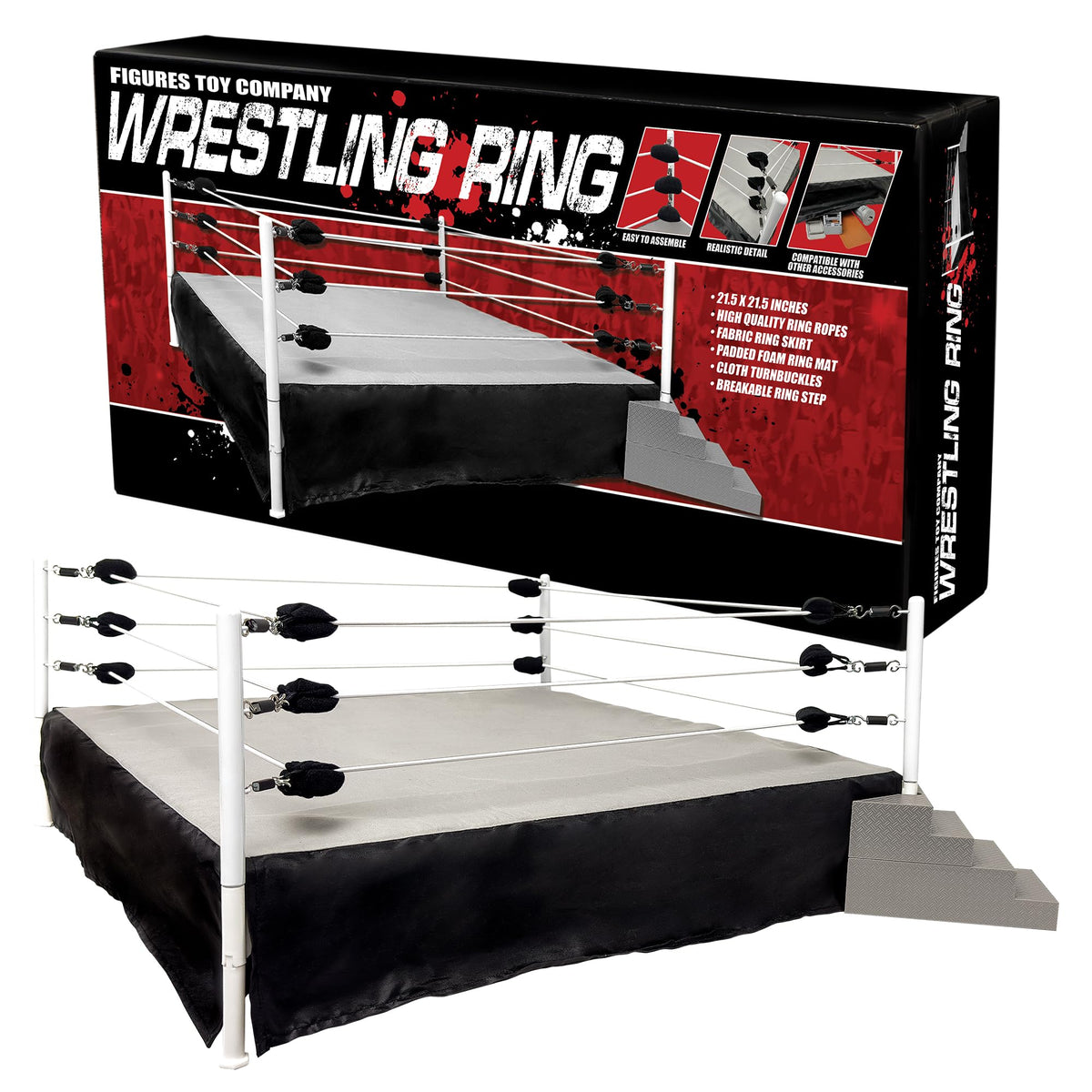 Figures Toy Company wrestling ring assembly area view, roomy 21.5 x 21.5 inch surface.