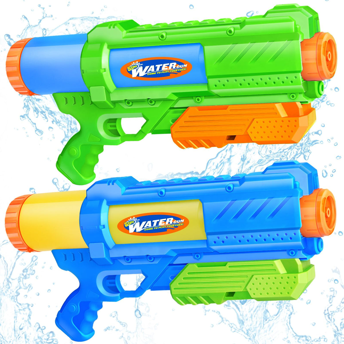 Fikamd Super Water Gun 2-Pack front view in blue and green for pool and beach fun.
