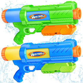 Fikamd Super Water Gun 2-Pack front view in blue and green for pool and beach fun.