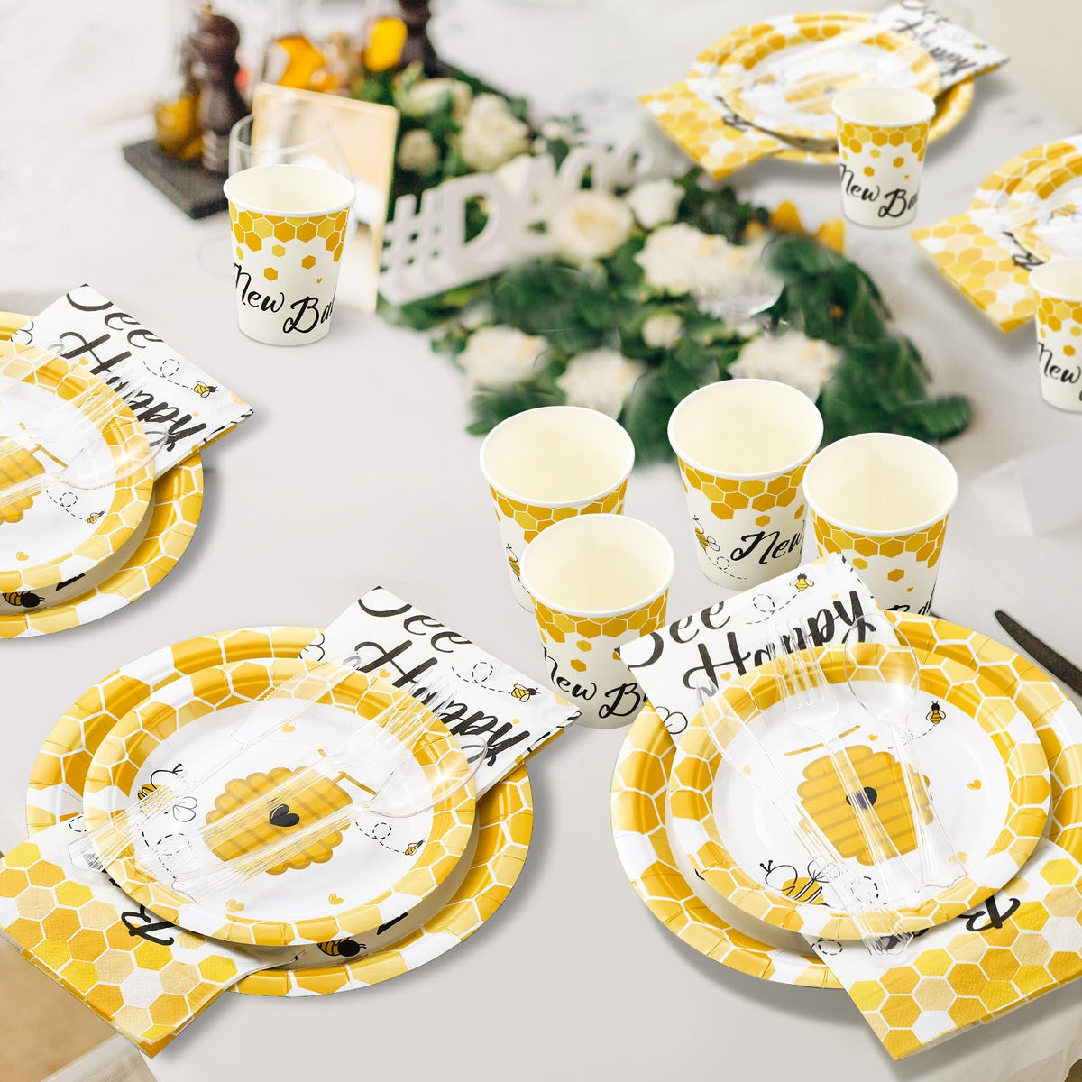 FillTouch bee-themed tableware on a festive dining scene