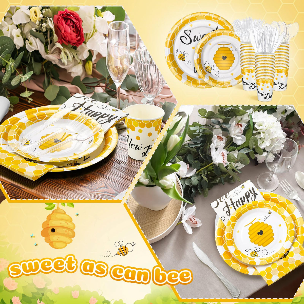 FillTouch bee party tableware packaging showing complete set