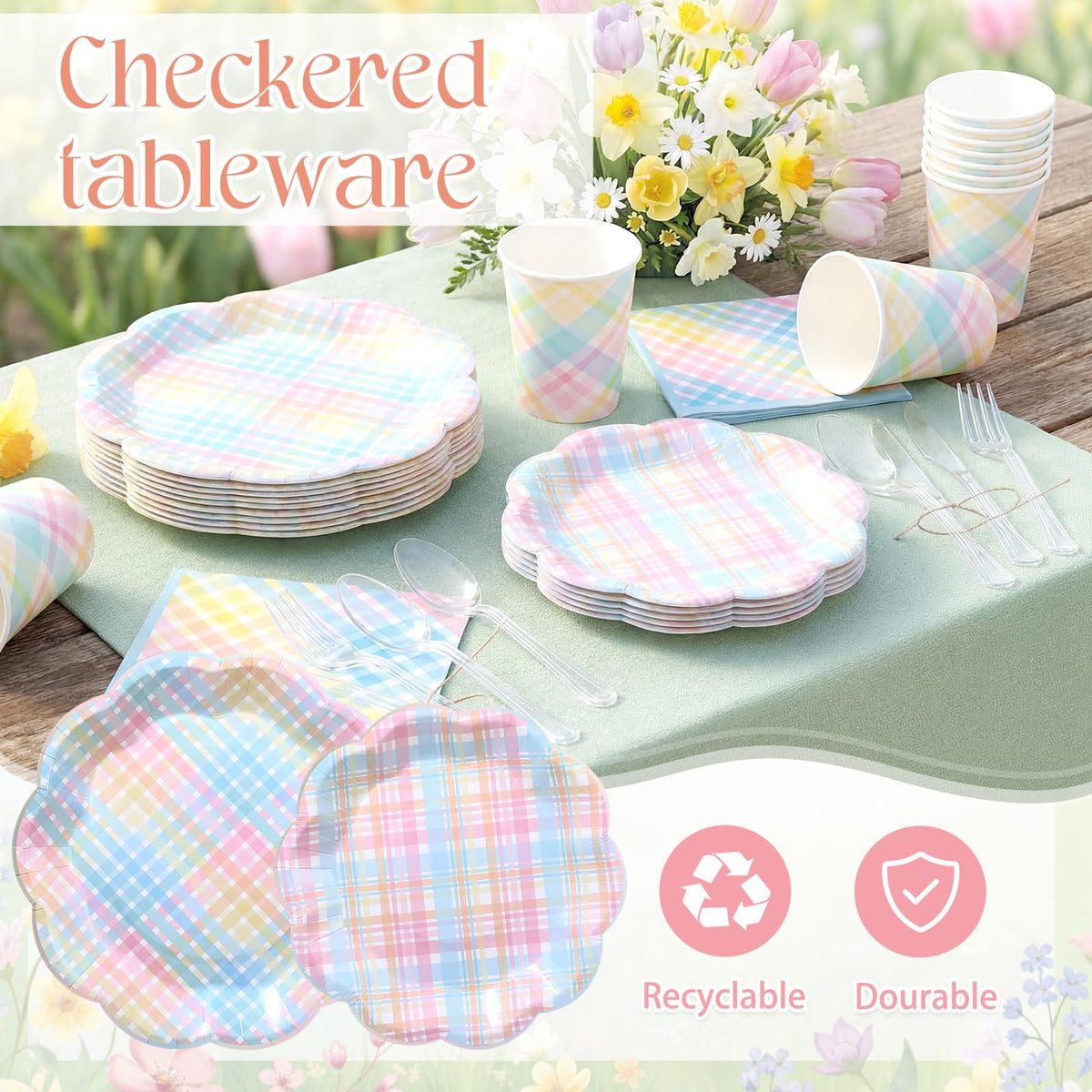 FillTouch pastel gingham napkins add color and quick cleanup after meals.