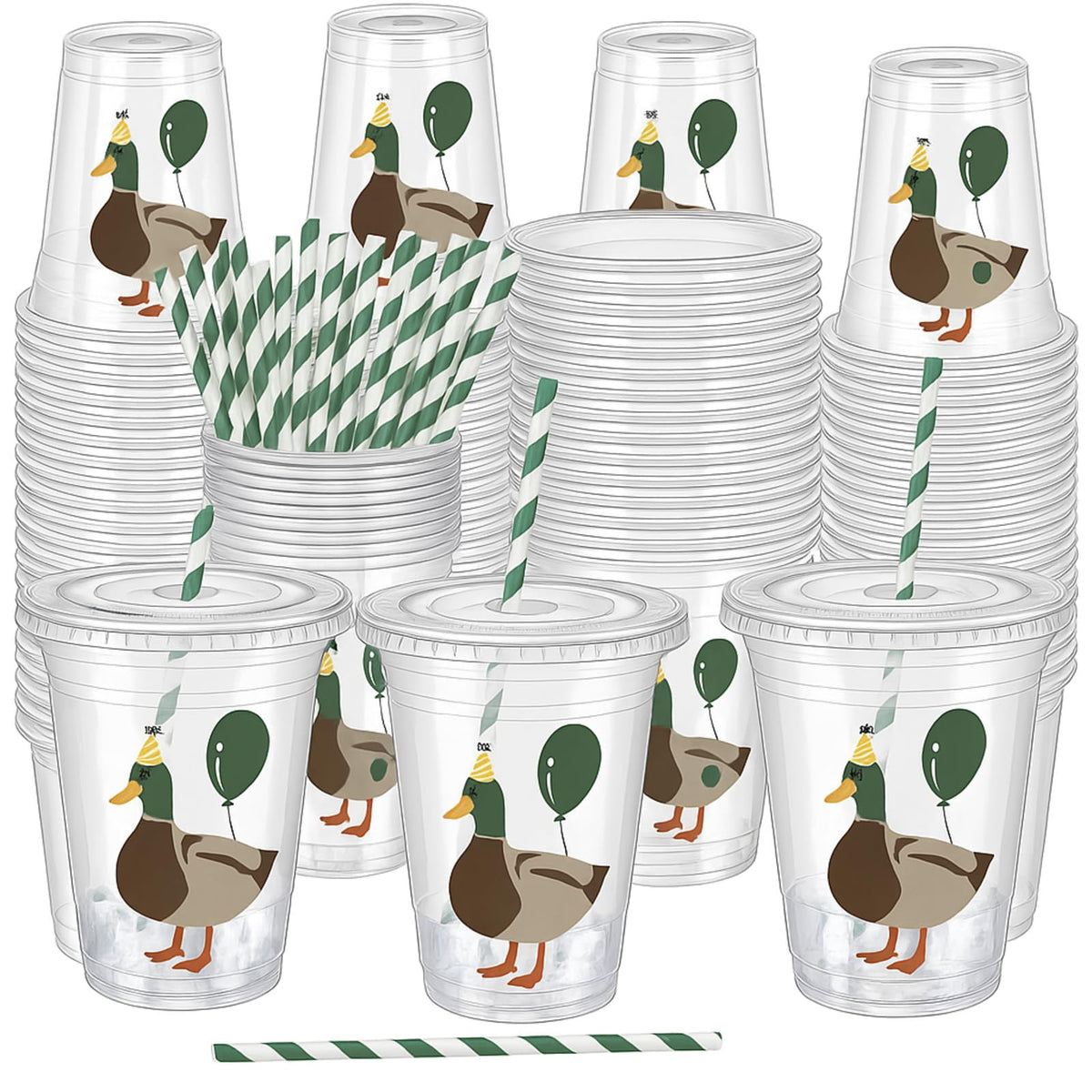 FillTouch One Lucky Duck cups with a mallard design, ideal for quick party refreshment service.