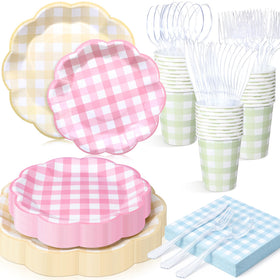 FillTouch pastel gingham 7in pink plates for fast party setup
