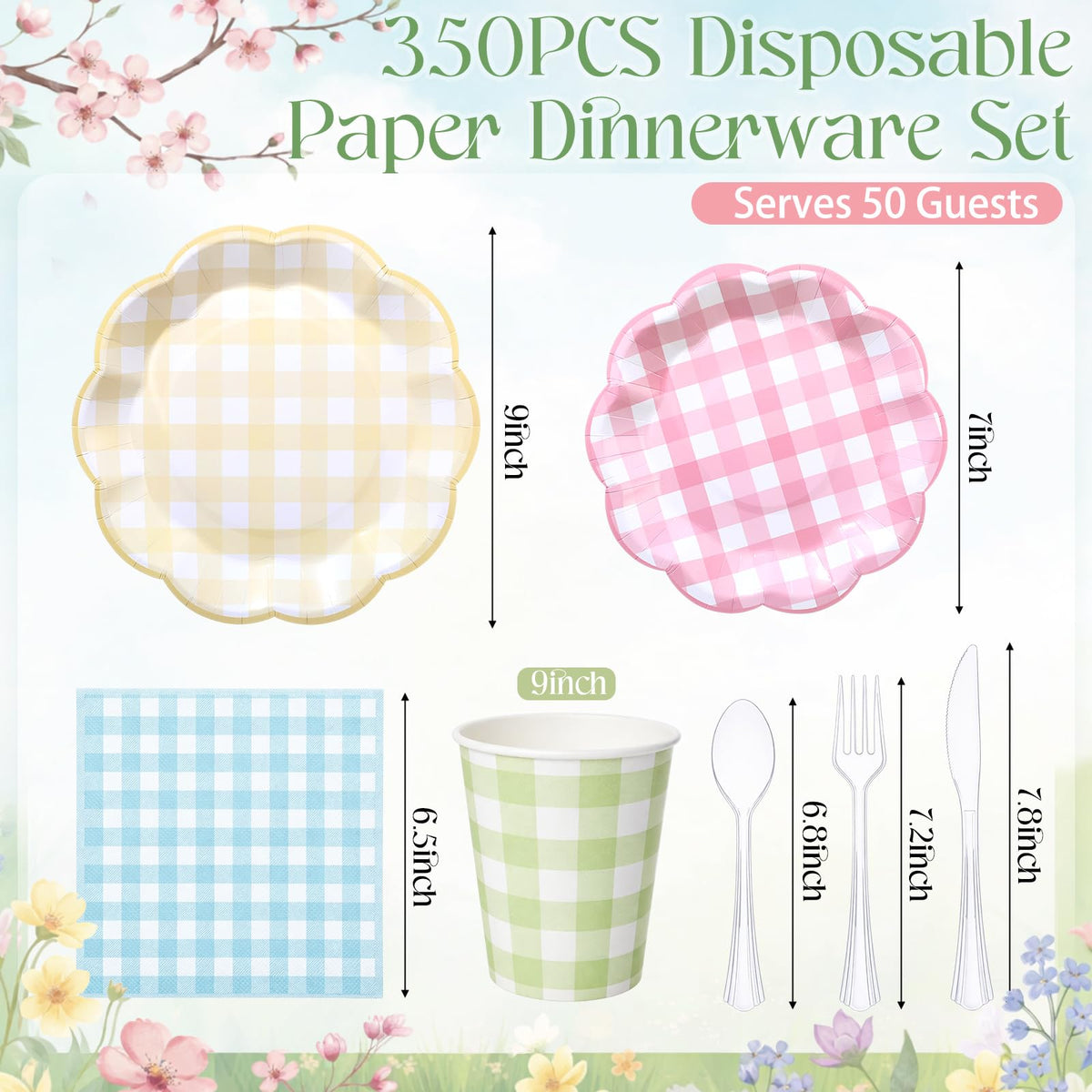 FillTouch pastel gingham 9in yellow plates for main course serving