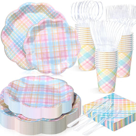 FillTouch pastel gingham 7in plates for appetizers and desserts at spring events.