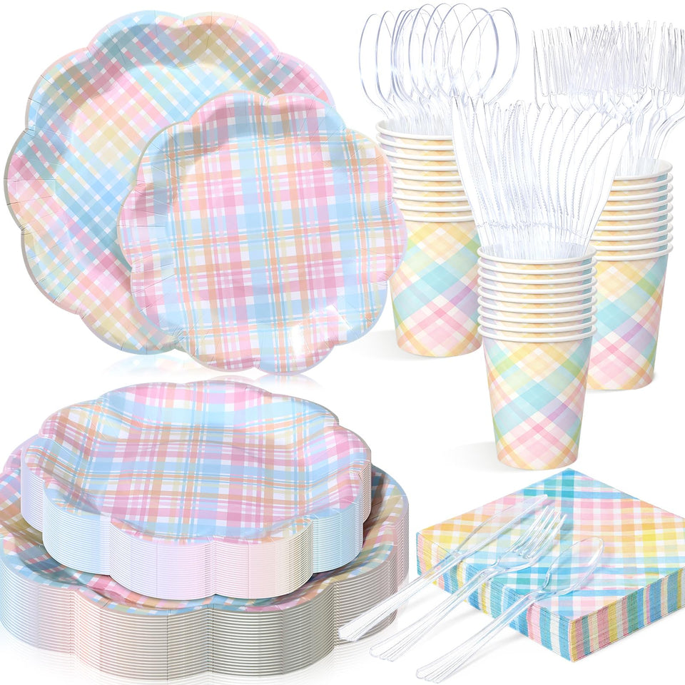 FillTouch pastel gingham 7in plates for appetizers and desserts at spring events.