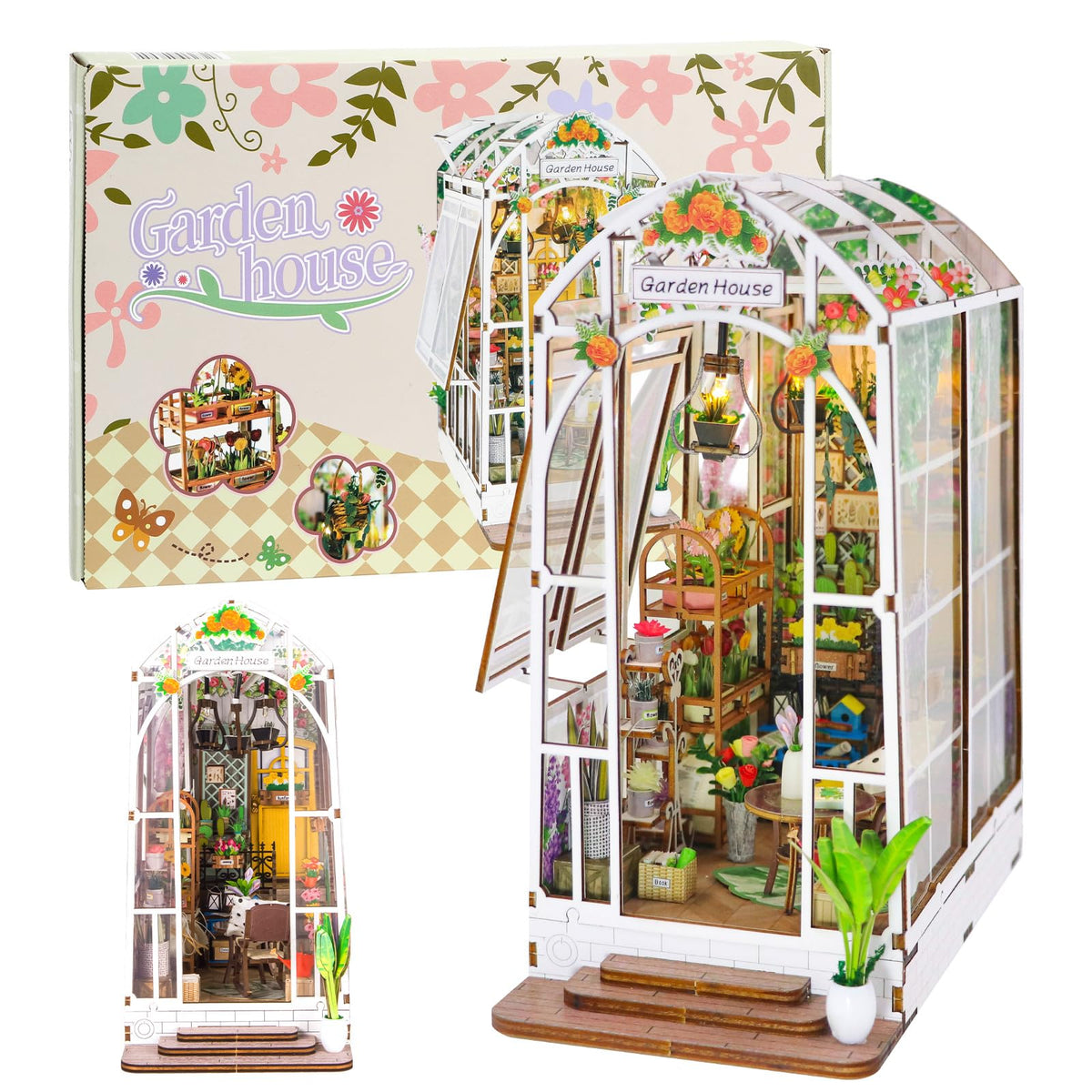 Fimeetoy Book Nook Kit with garden-view scene glowing on a bookshelf.