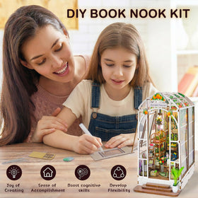 Fimeetoy Book Nook Kit with LED light adds warm ambience.