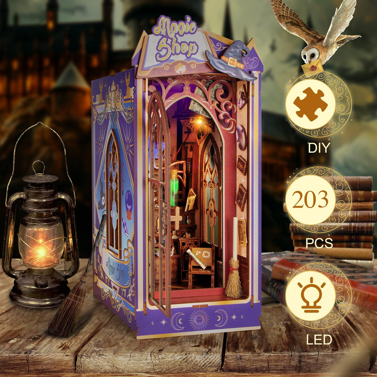Fimeetoy miniature house dollhouse kit showcases a cozy, illuminated reading corner.