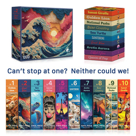 Final Piece Puzzles Great Wave blue-board technology closeup highlighted sturdy edges.