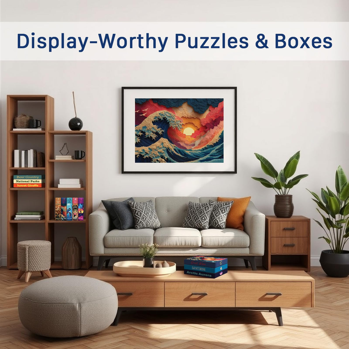 Final Piece Puzzles Great Wave display-box showing artful packaging for shelf display.