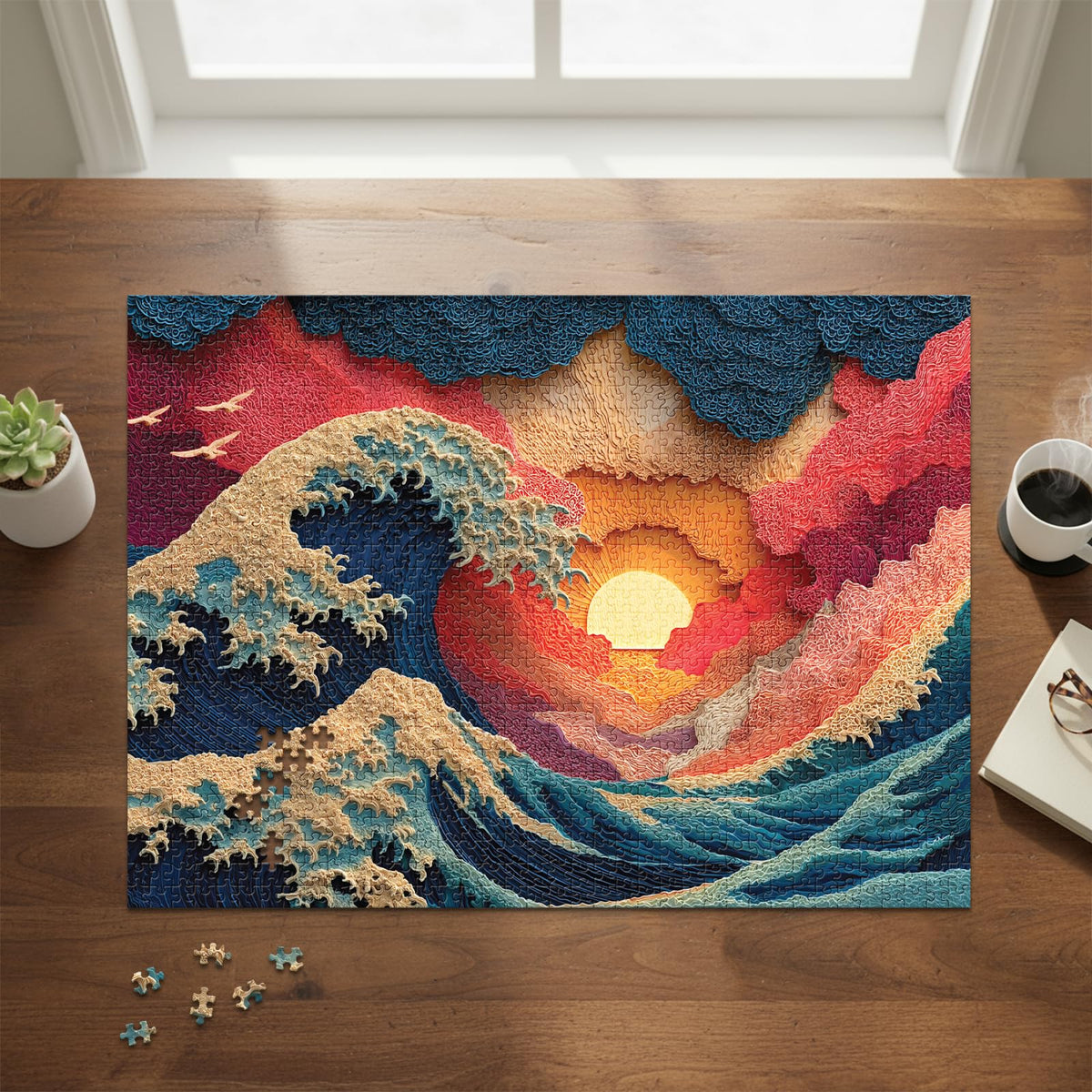 Final Piece Puzzles Great Wave ribbon-cut pieces in puzzle tray.