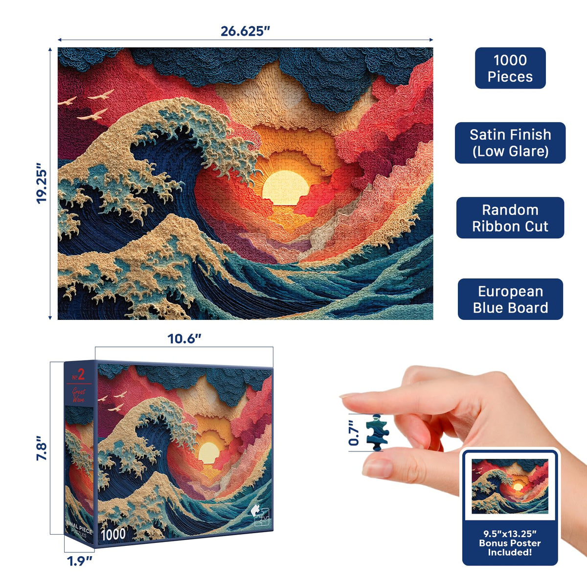 Final Piece Puzzles Great Wave satin low-glare finish closeup emphasizing vibrant color.