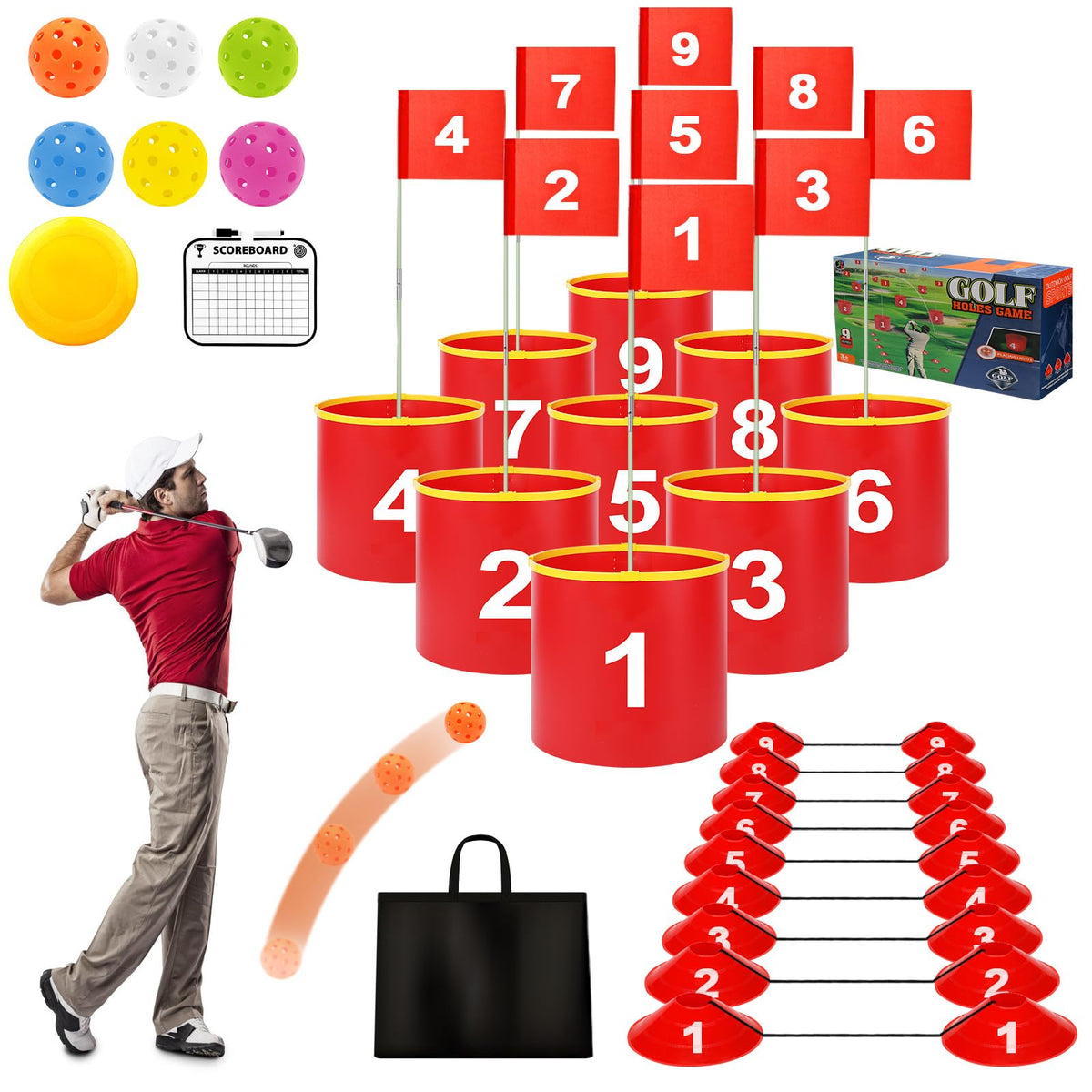 FINCOME Golf Yard Bucket nine-hole setup for backyard practice