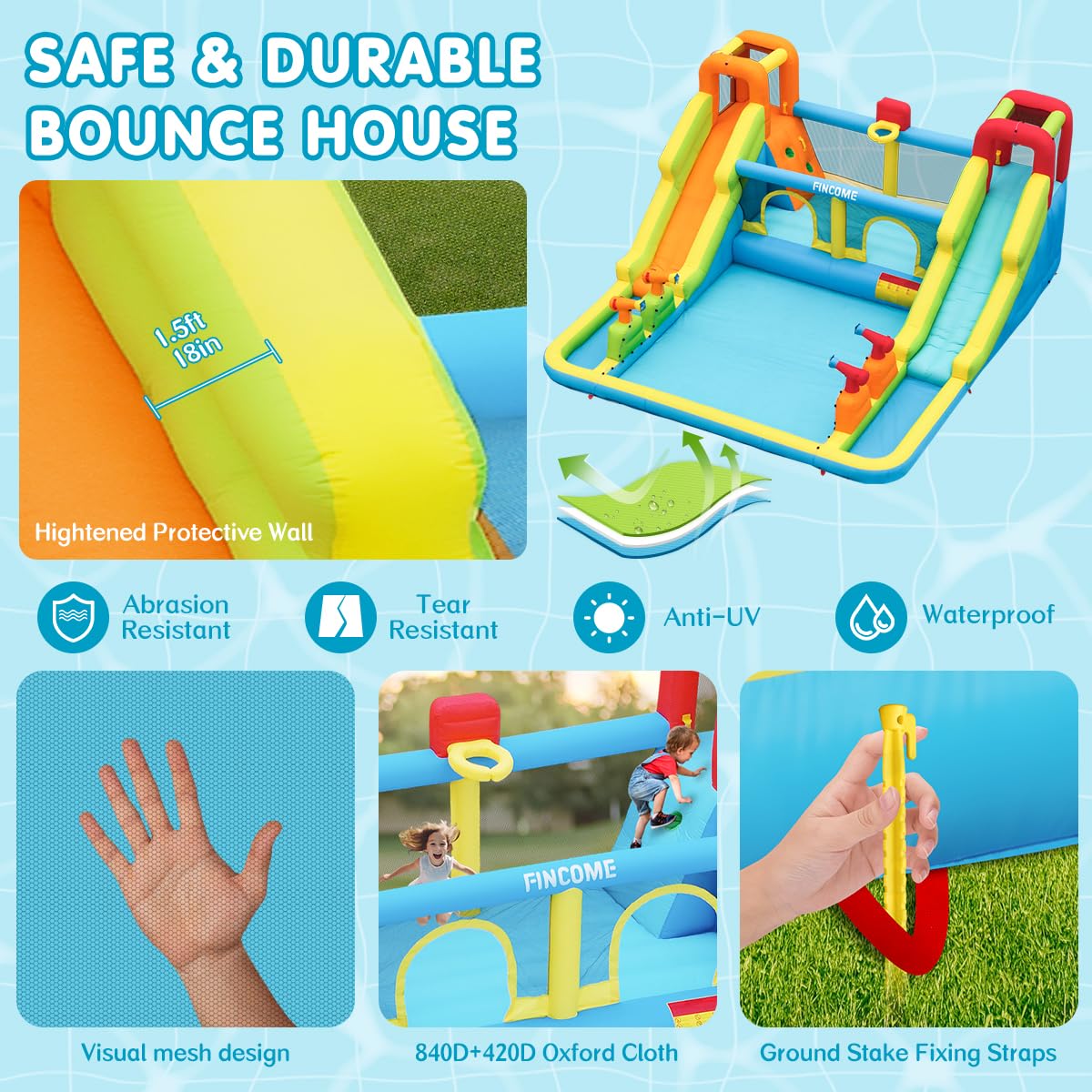 FINCOME inflatable bounce house with double slides for fast, exciting descents