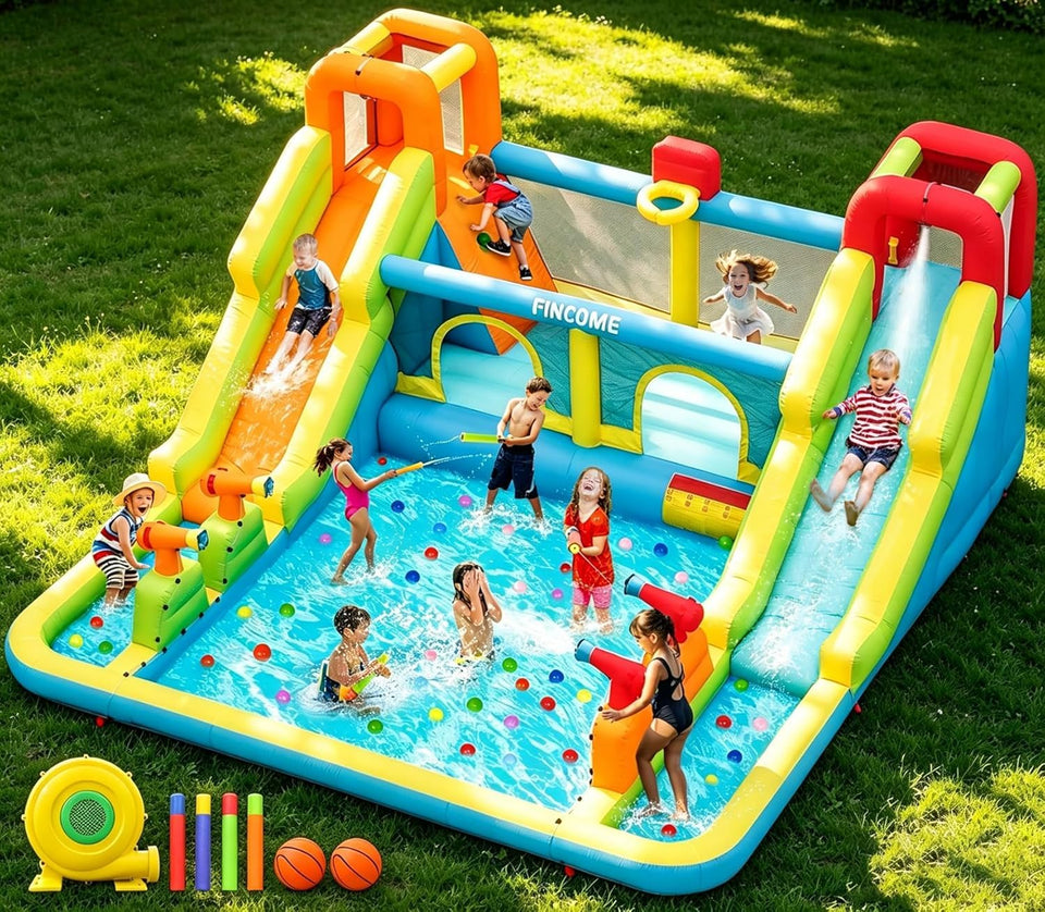 FINCOME inflatable bounce house jumping area with safety netting for kids' backyard fun