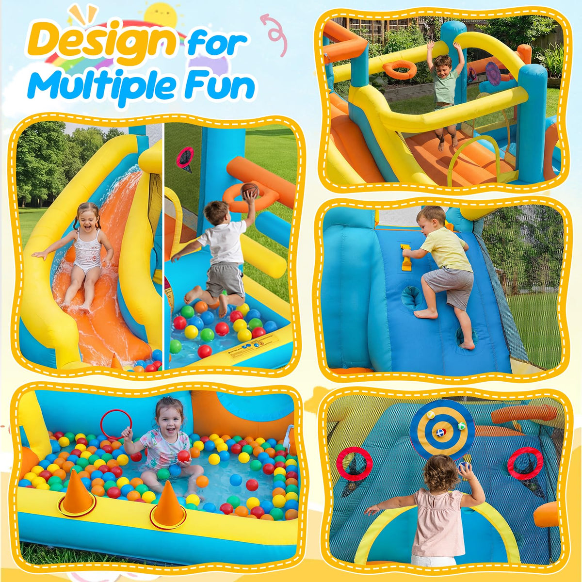 FINCOME inflatable bounce house water slide splash features for cooling summertime fun