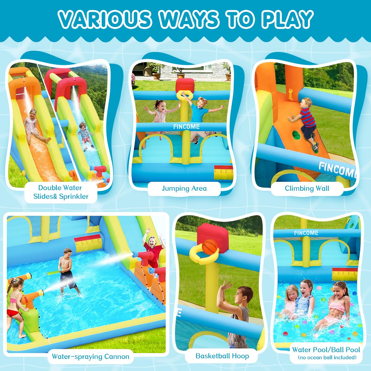 FINCOME inflatable bounce house water slide with sprinklers delivers refreshing summer play
