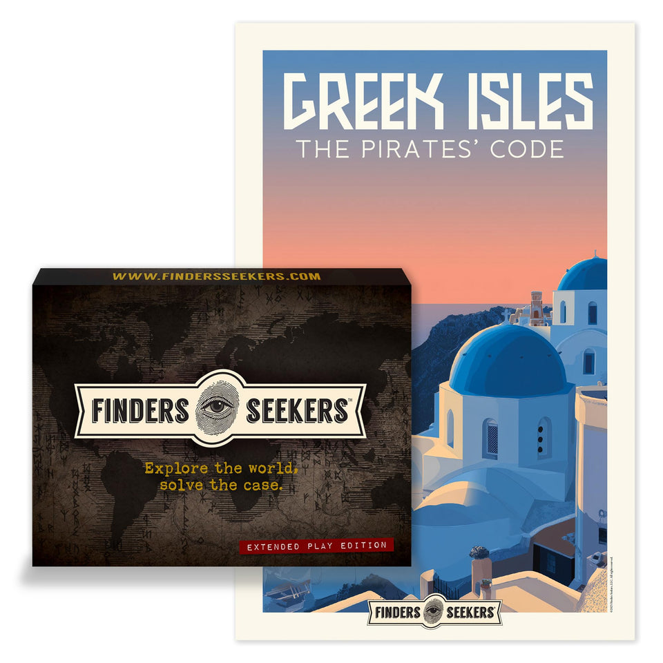 Finders Seekers Greek Isles Pirates Code cover with treasure map for exciting game night