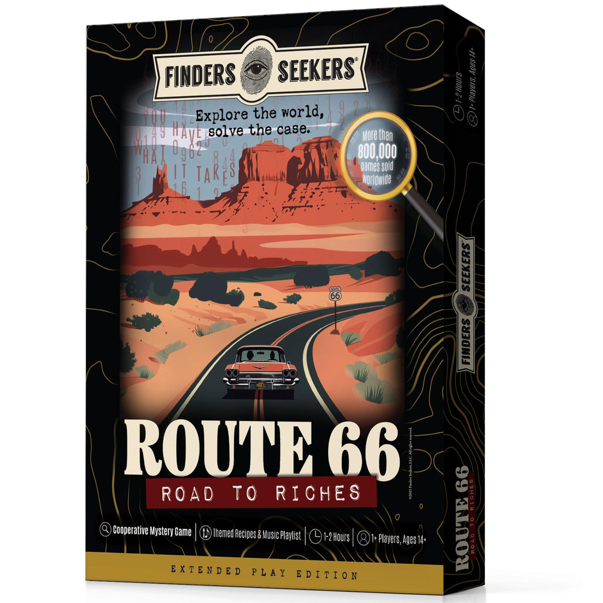 Finders Seekers Route 66 box cover, vibrant mystery game for family night
