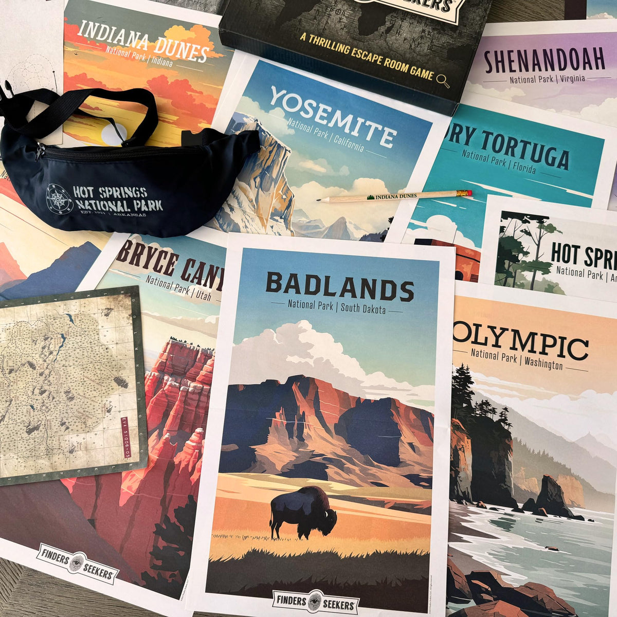 Finders Seekers storybook national parks map enhances narrative-driven mystery.