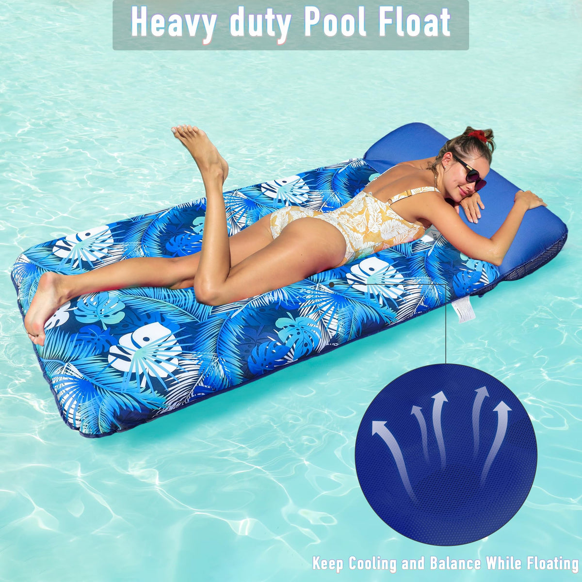 FindUWill headrest-equipped float provides neck support for relaxed sunbathing.